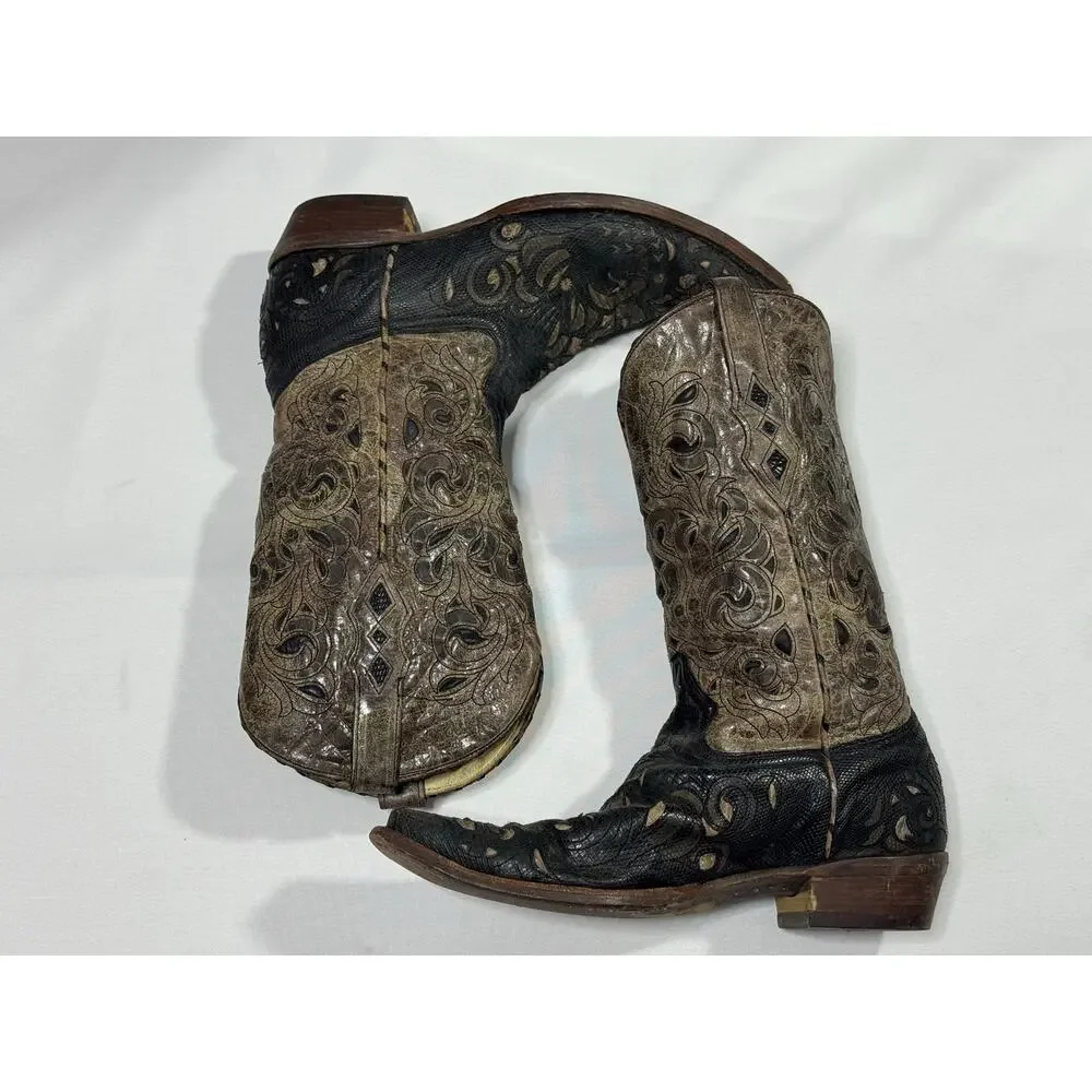 Vintage CORRAL Mens 10.5 Black Brown Leather Cowboy Boots Classic Western
